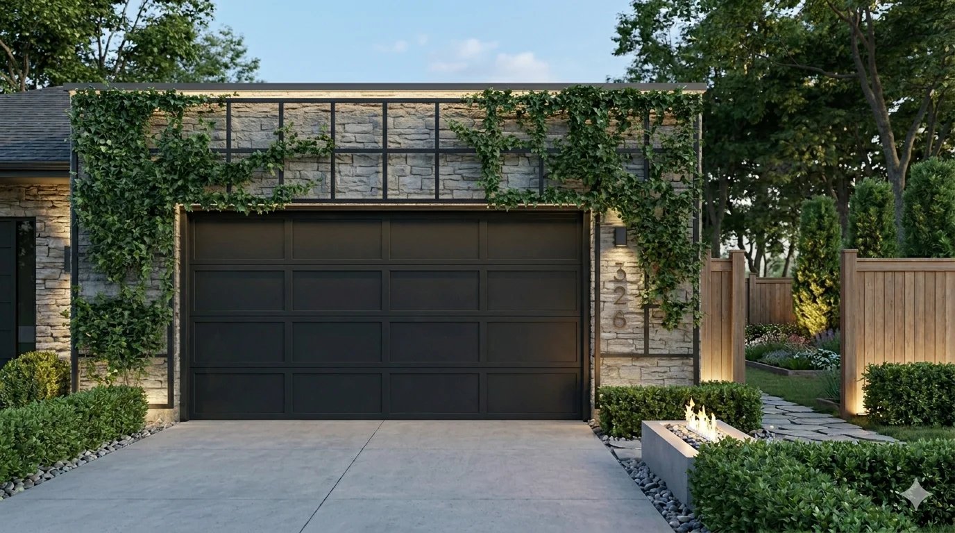 Sleek minimalist eyebrow trellis for garage door curb appeal