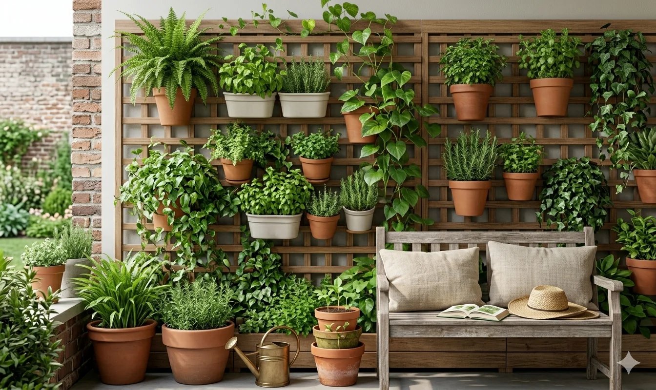 Outdoor space with potted plants and greenery creating a fresh natural garden vibe