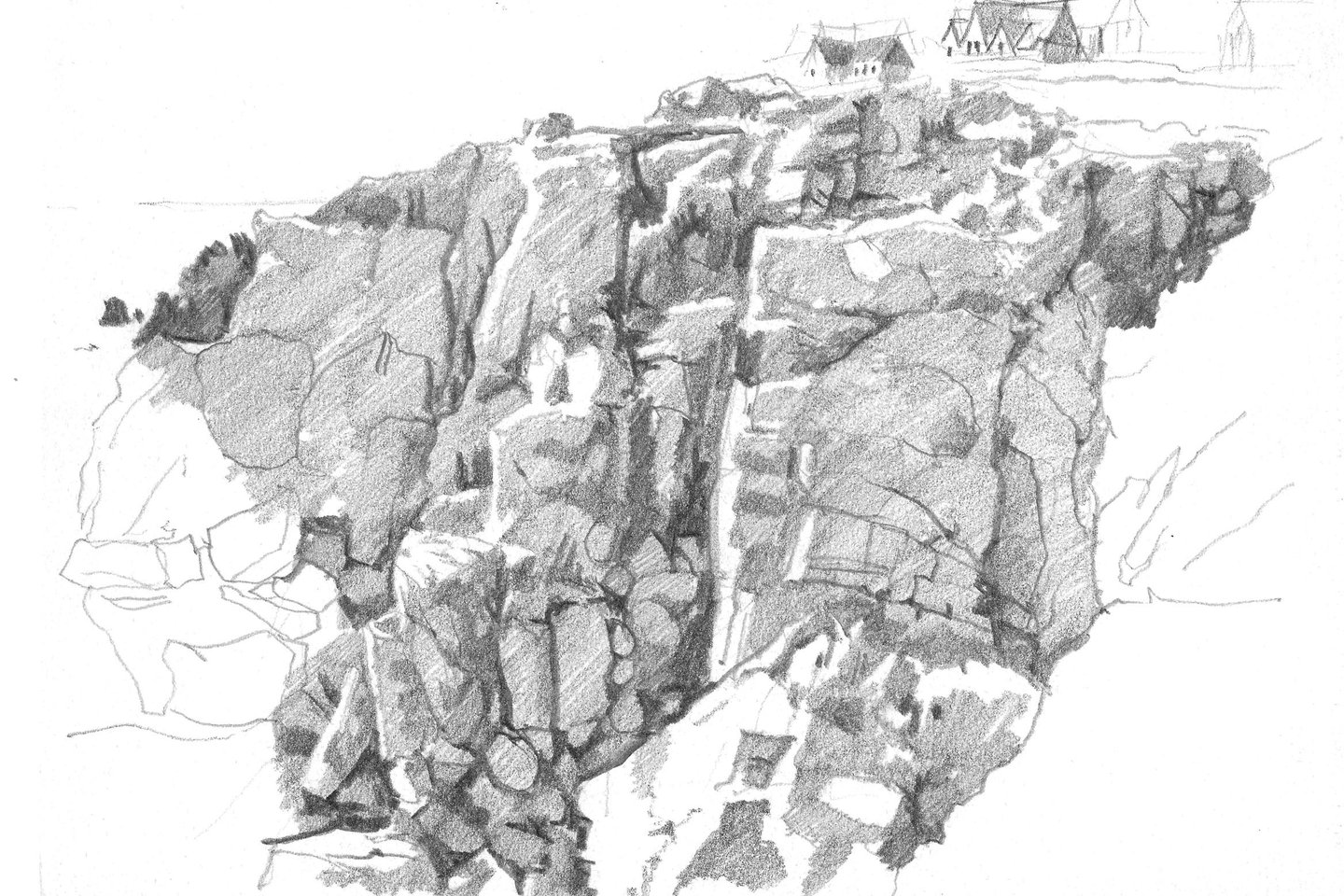 Dessin de paysage à la mine de plomb représentant des rochers au Croisic