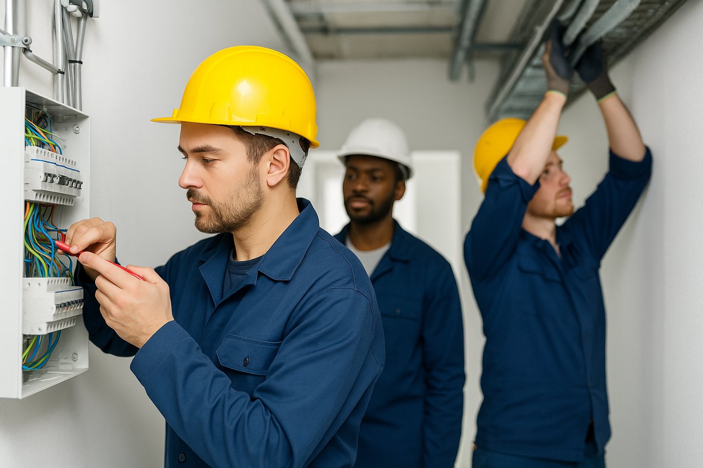 Drei Elektriker bei der Arbeit in Deutschland – Symbol für qualifizierte Fachkräftevermittlung im El