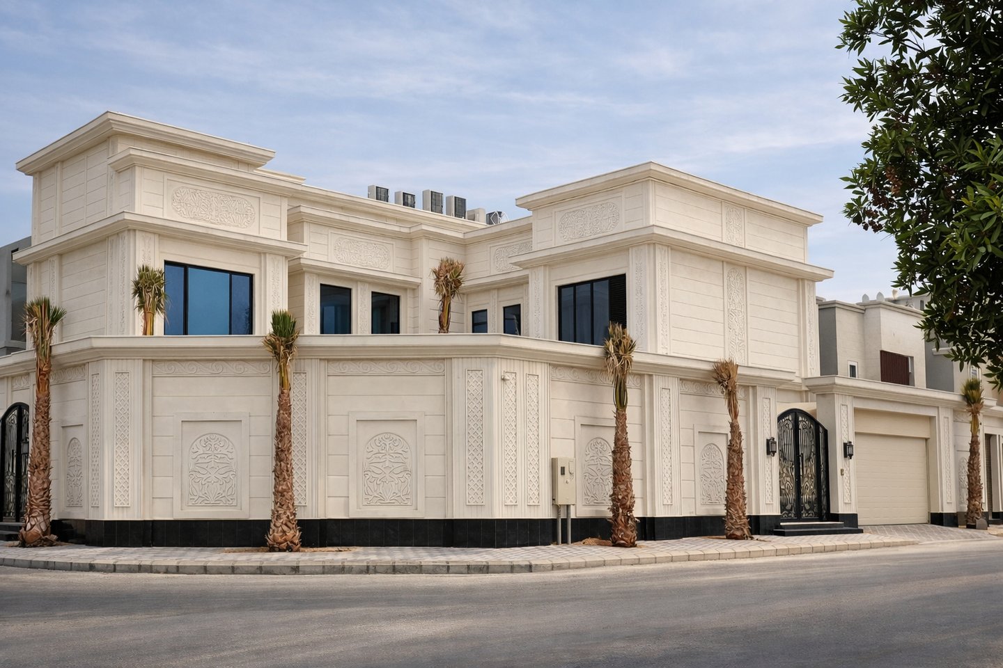 Luxury modern villa with ornate limestone walls and palm trees on a street corner.