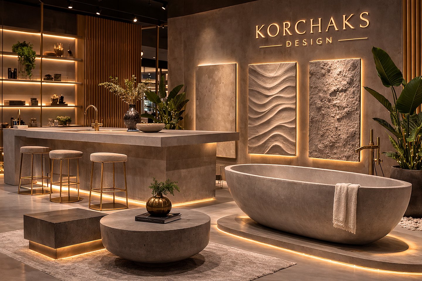 Projetos de interiores de alto padrão com cuba, bancada e banheira em concreto autoral.