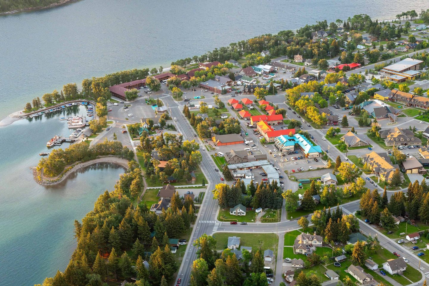 Waterton Townsite and Upper Waterton Lake viewed from Bear’s Hump in Waterton Lakes National Park.