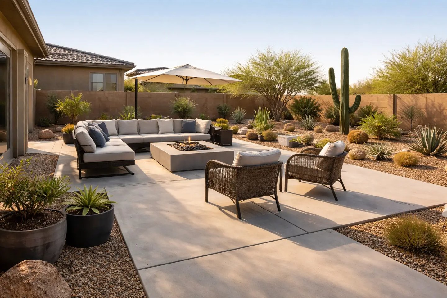 backyard concrete patio at a home in Buckeye, Arizona, outdoor seating area, clean broom finish, warm desert sunlight