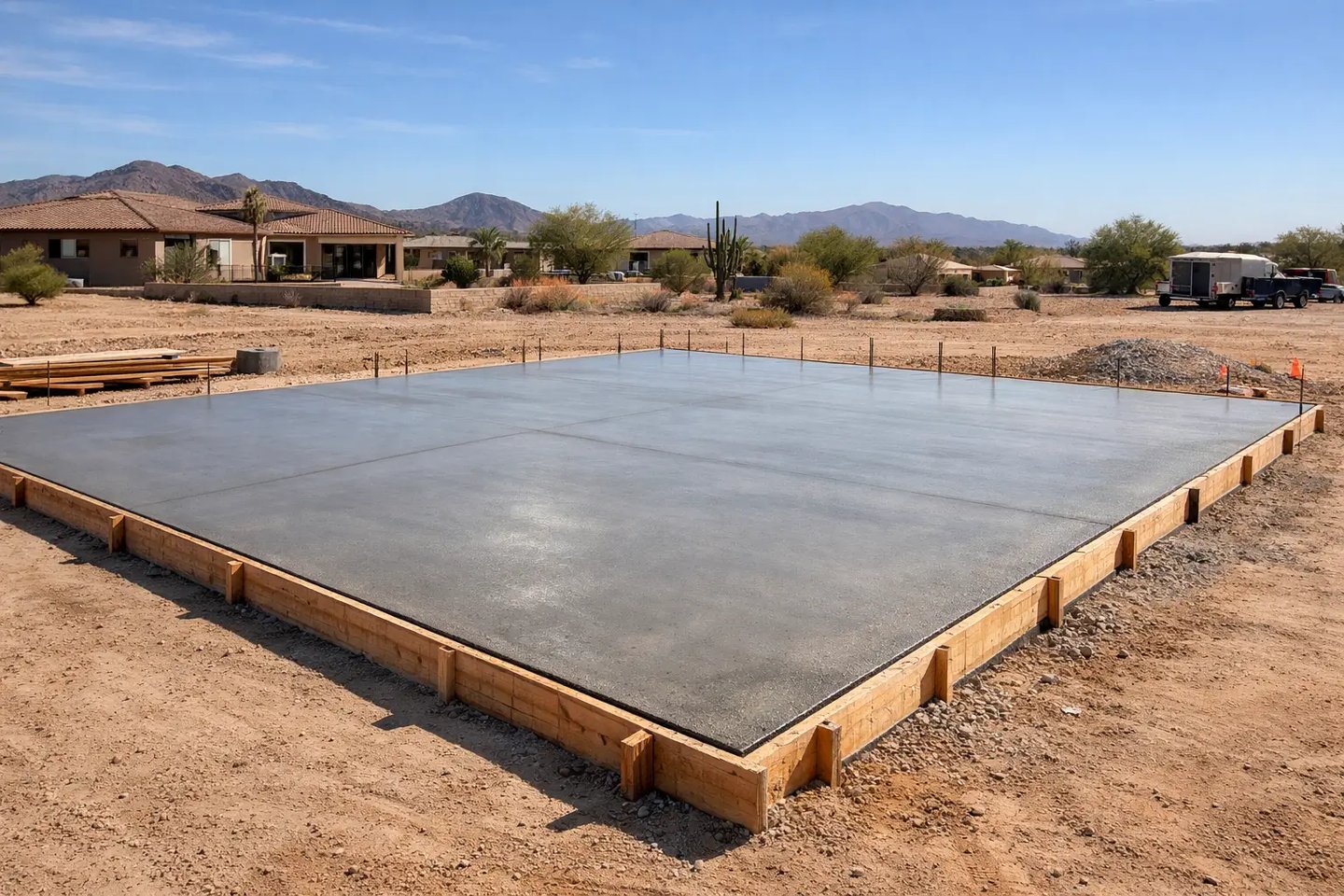 wide view of a freshly poured concrete slab with clean wooden forms in a Buckeye, Arizona