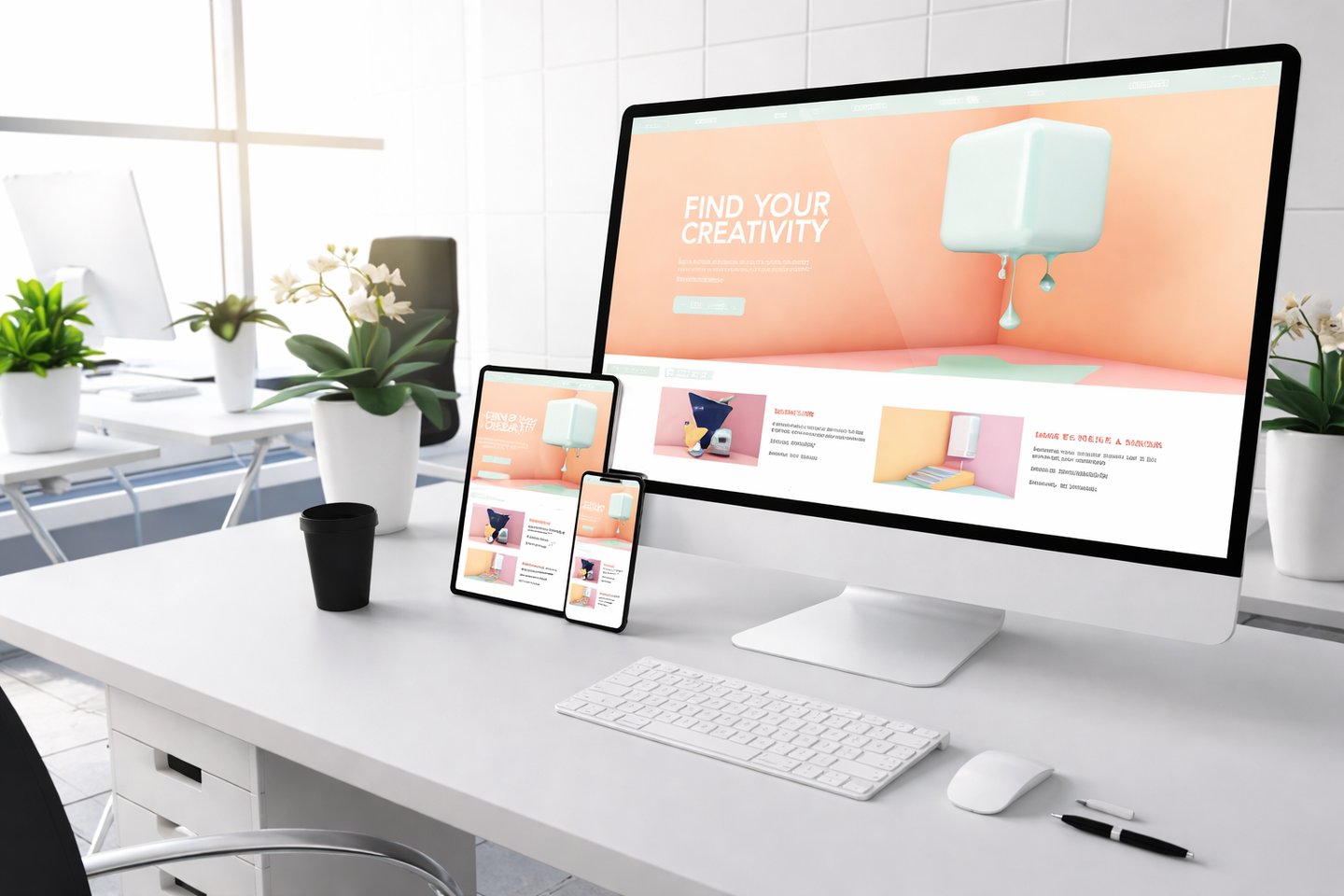 Un site web présenté sur différents support, pc, smartphone, tablette sur un bureau blanc