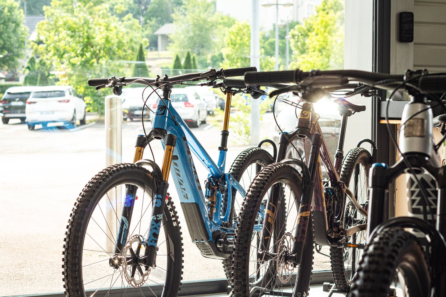 A row of modern full-suspension mountain bikes on display inside a professional bike shop.