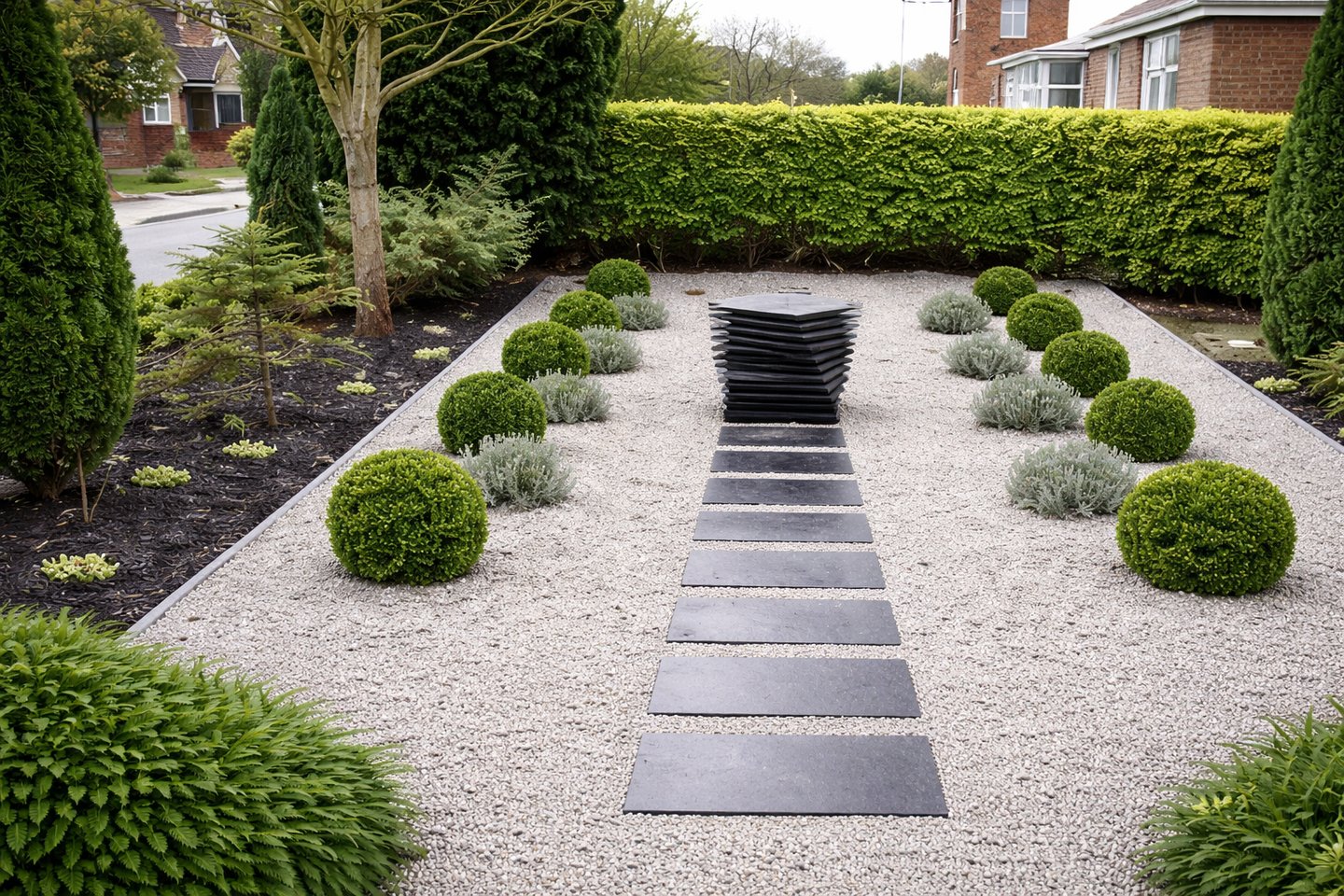 Modern front garden with gravel, box hedges and stepping stones – Yie Yang Landscape