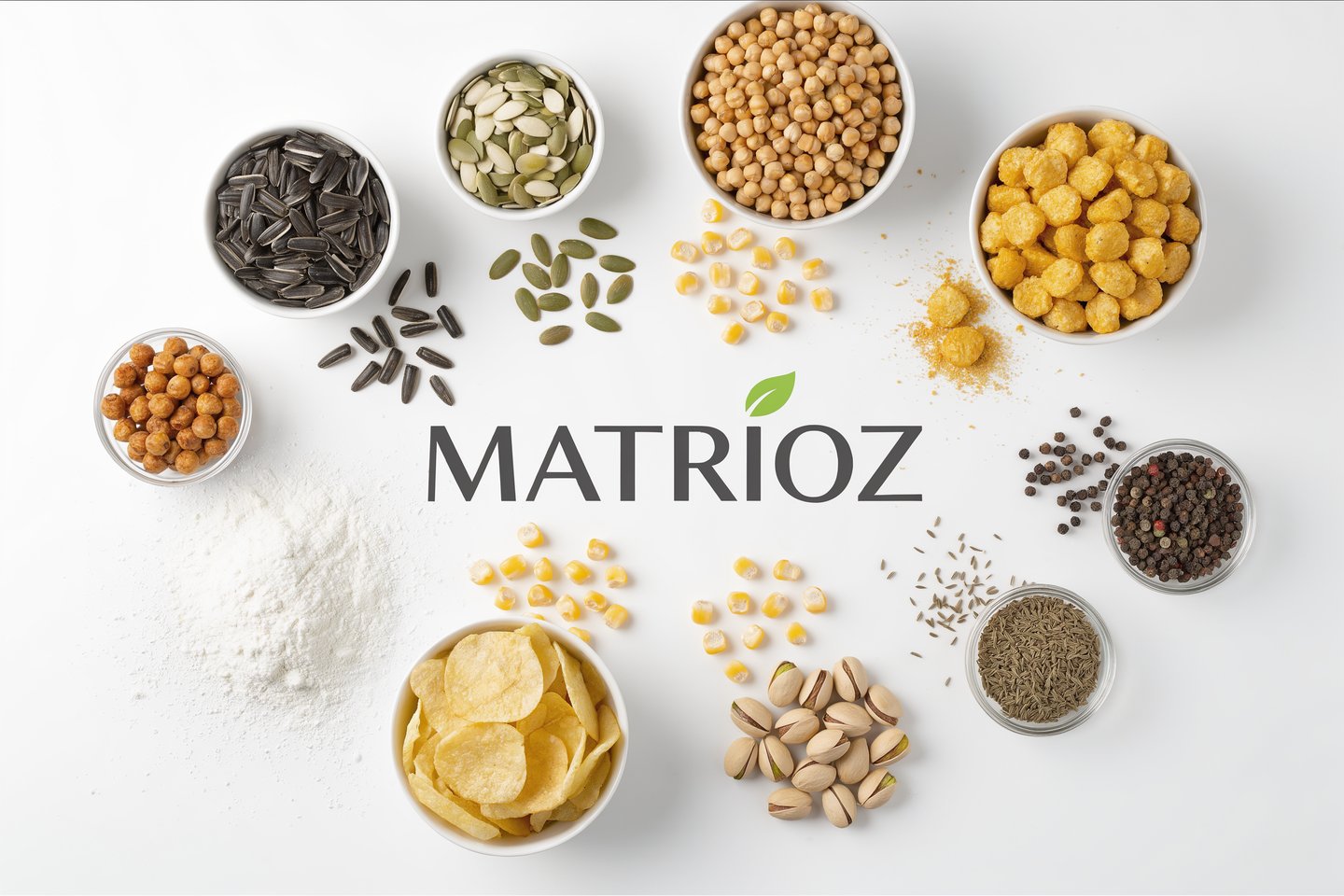 Flat lay of Matrioz healthy snacks, seeds, nuts, and corn puffs arranged on a white background.