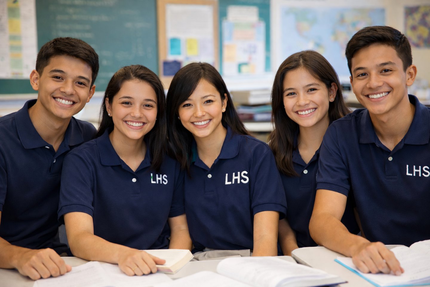 Smiling LHS students in blue uniform studying together in a classroom.