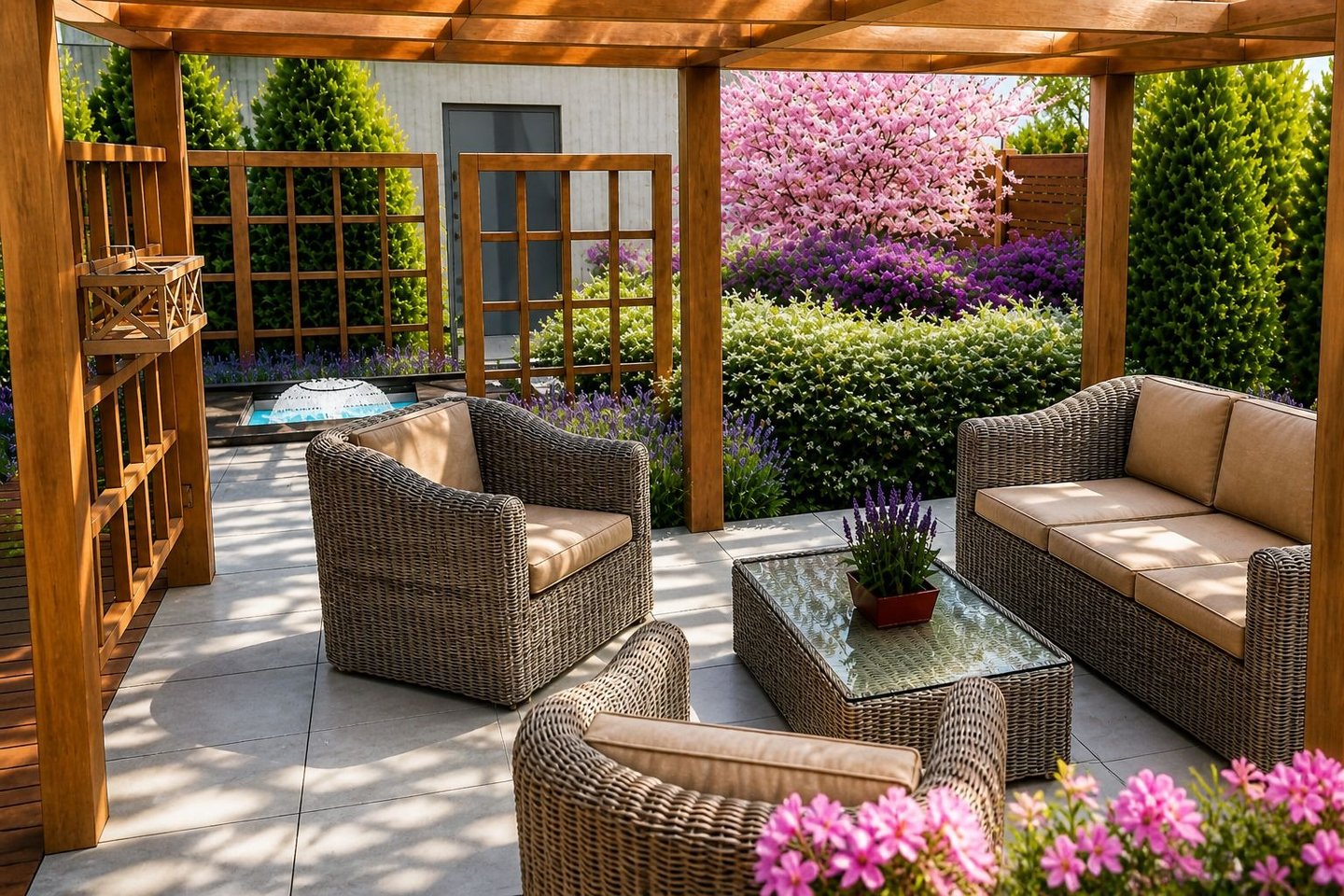 Luxury patio garden with wicker furniture, a wooden pergola, and blooming pink cherry blossoms.