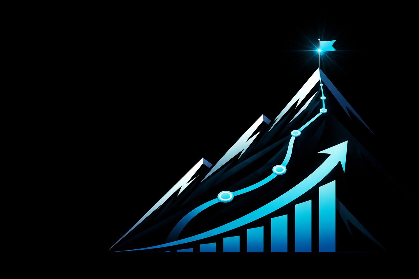 Mountain with camps represented by dots all the way up. Summit has a flag for final destination