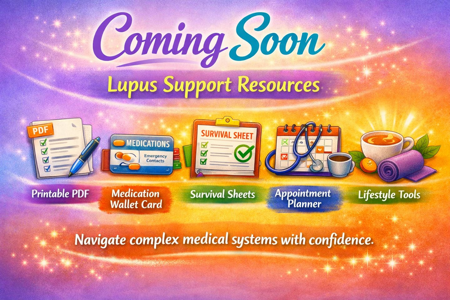 Lupus support resources graphic featuring a printable PDF, medication card, and health planner icons.