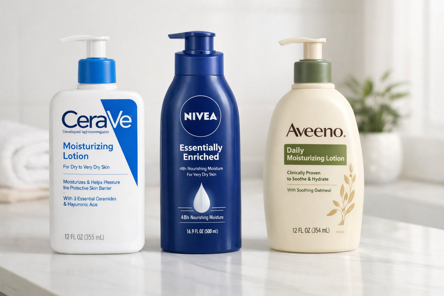 Three pump bottles of CeraVe, Nivea, and Aveeno moisturizing lotions for dry skin on a marble bathroom counter.