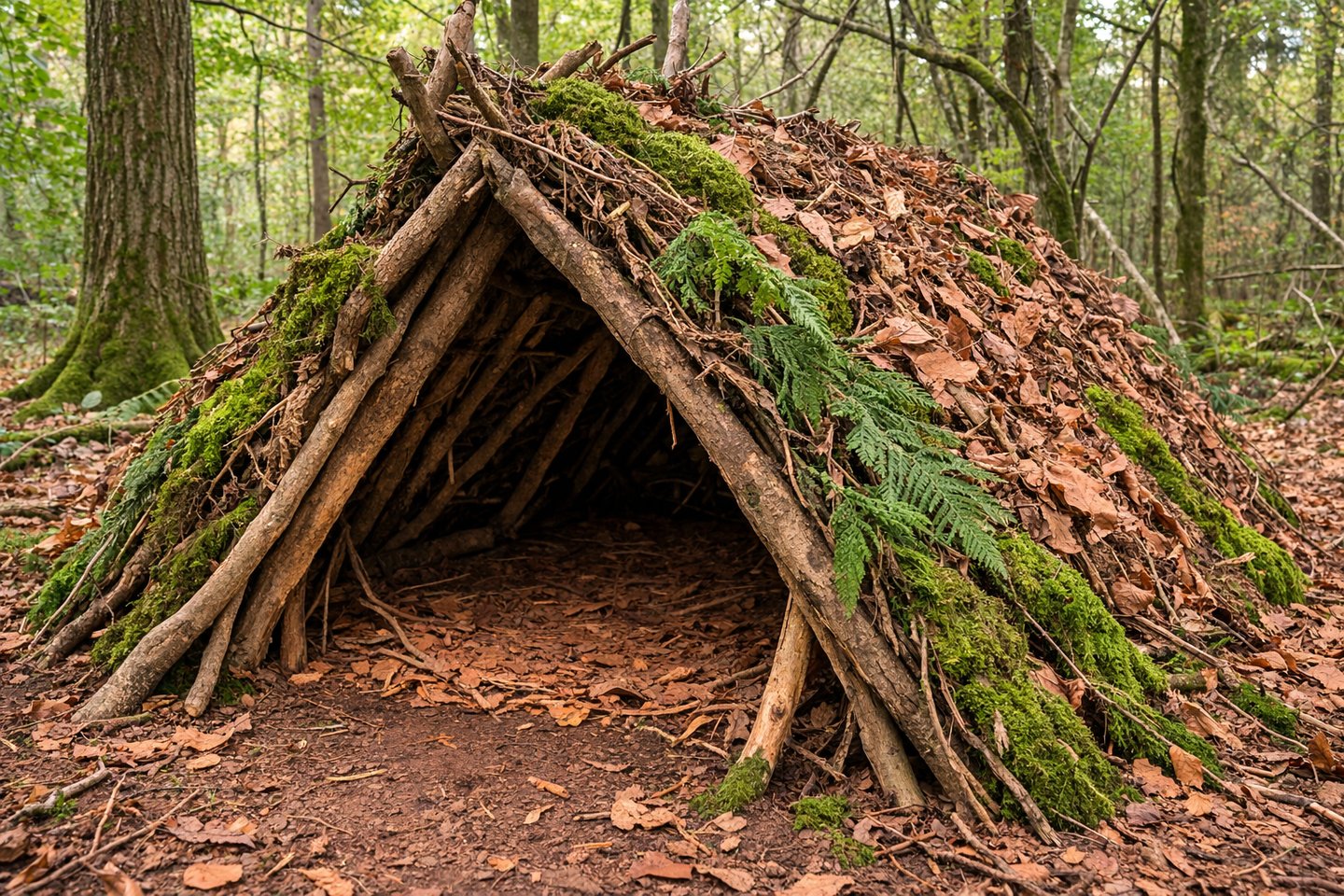 Primitive survival shelter made of logs, green moss, and dry leaves in a dense autumn forest.