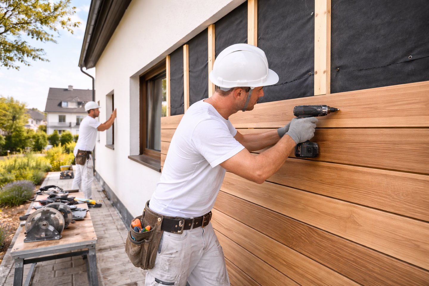 Pose de bardage bois sur façade de maison individuelle en rénovation