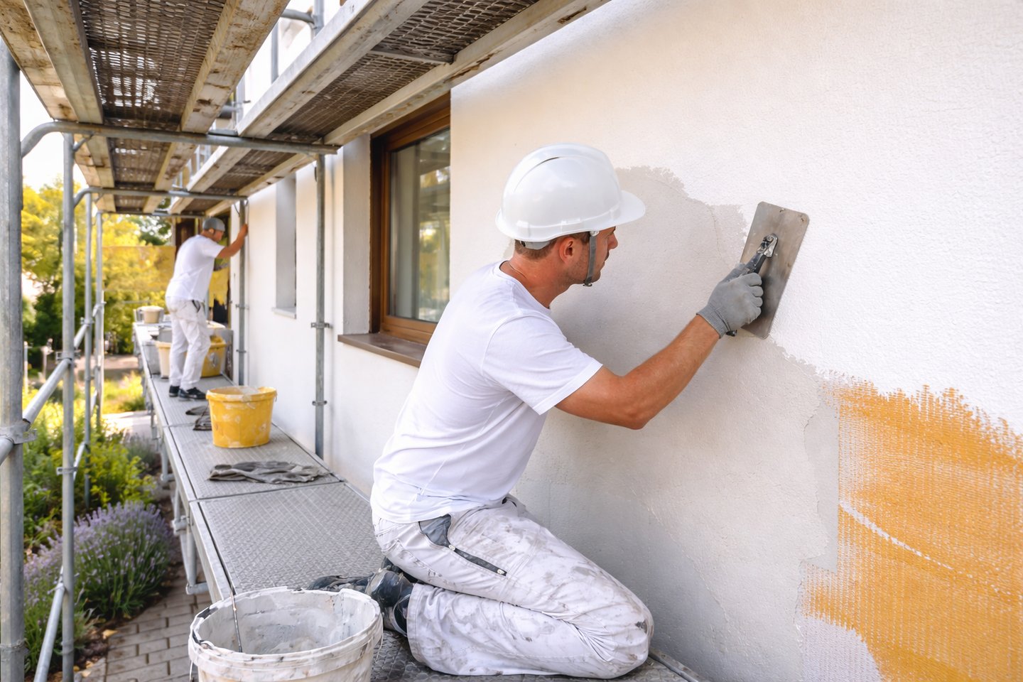 travaux de ravalement de façade sur maison individuelle en cours de rénovation