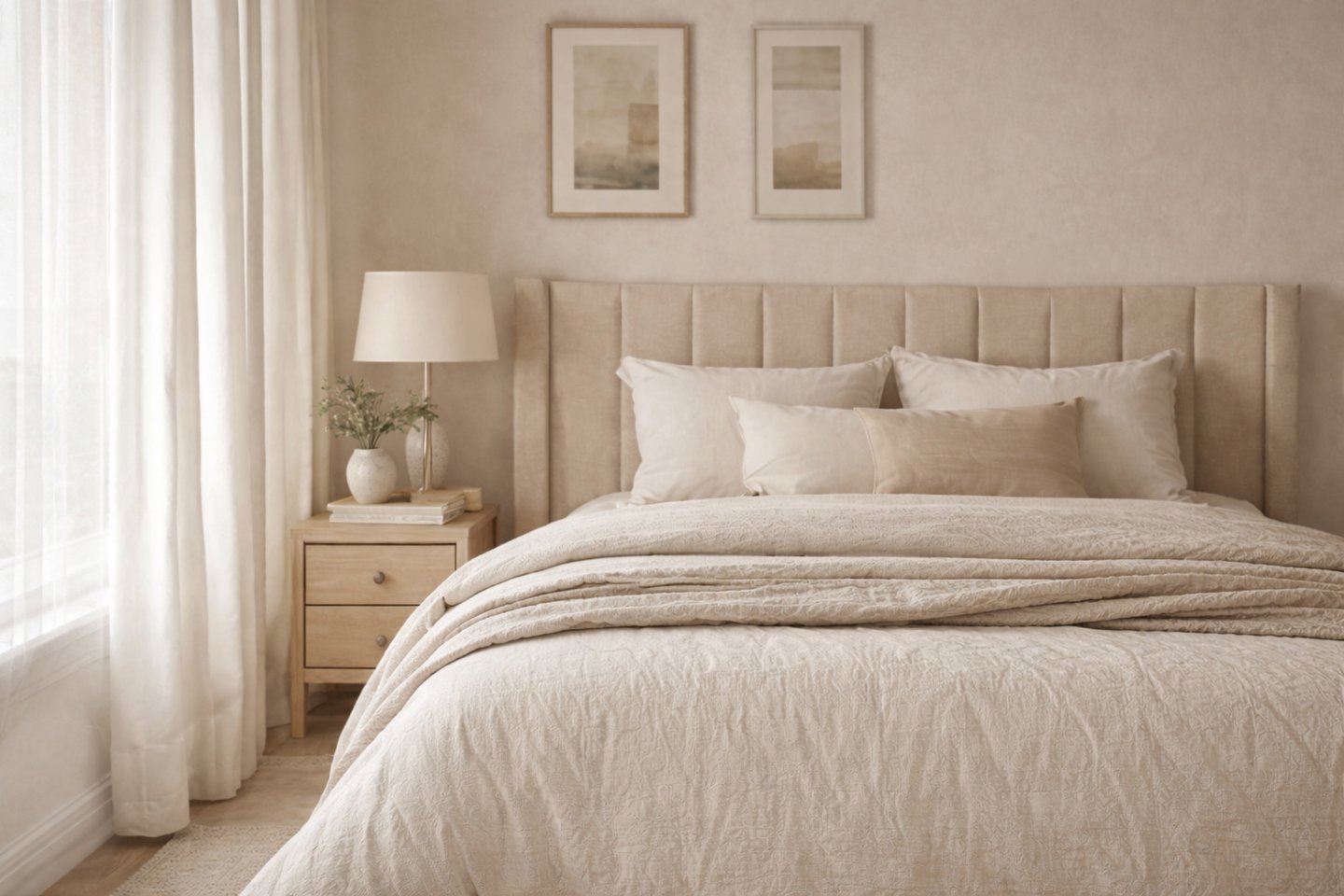 Cozy neutral bedroom with layered bedding and warm lighting
