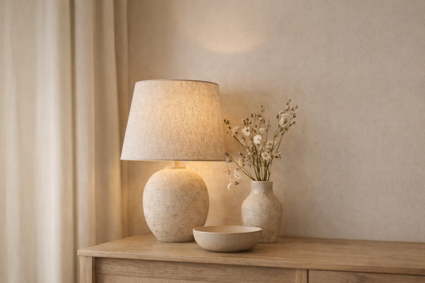 Warm bedroom corner with lamp, bedding, and neutral decor