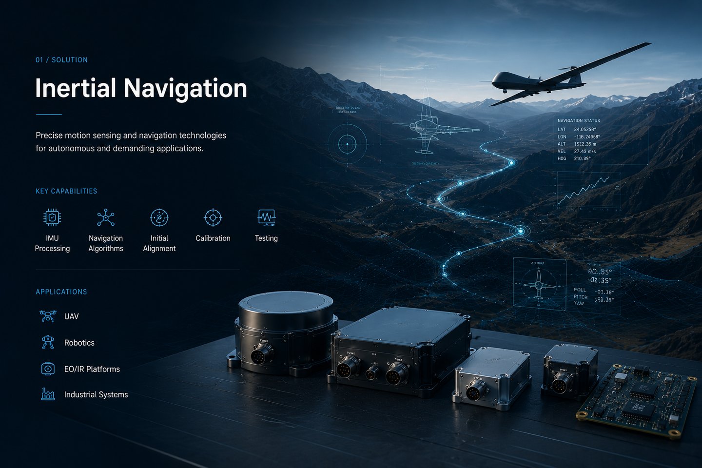 Cinematic illustration of inertial navigation technologies for UAV, robotics and mission-critical applications.