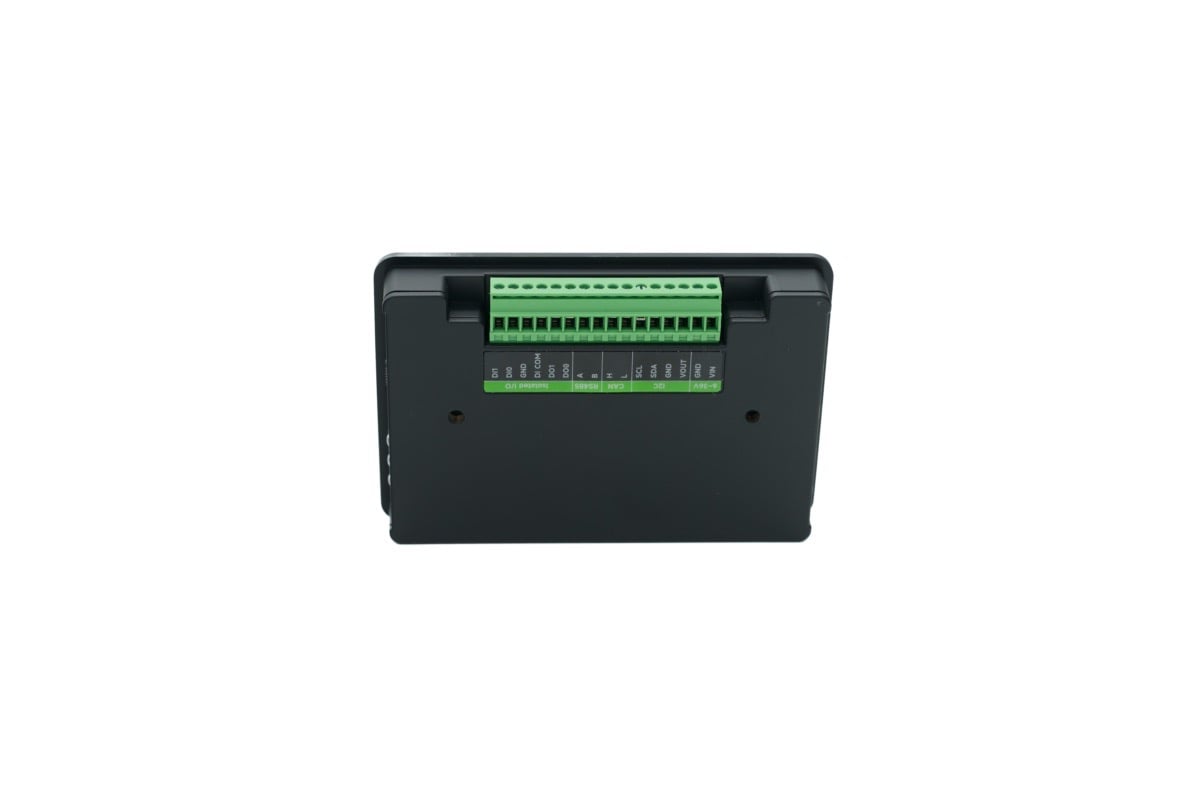 Back of HMI panel with green terminal connector block