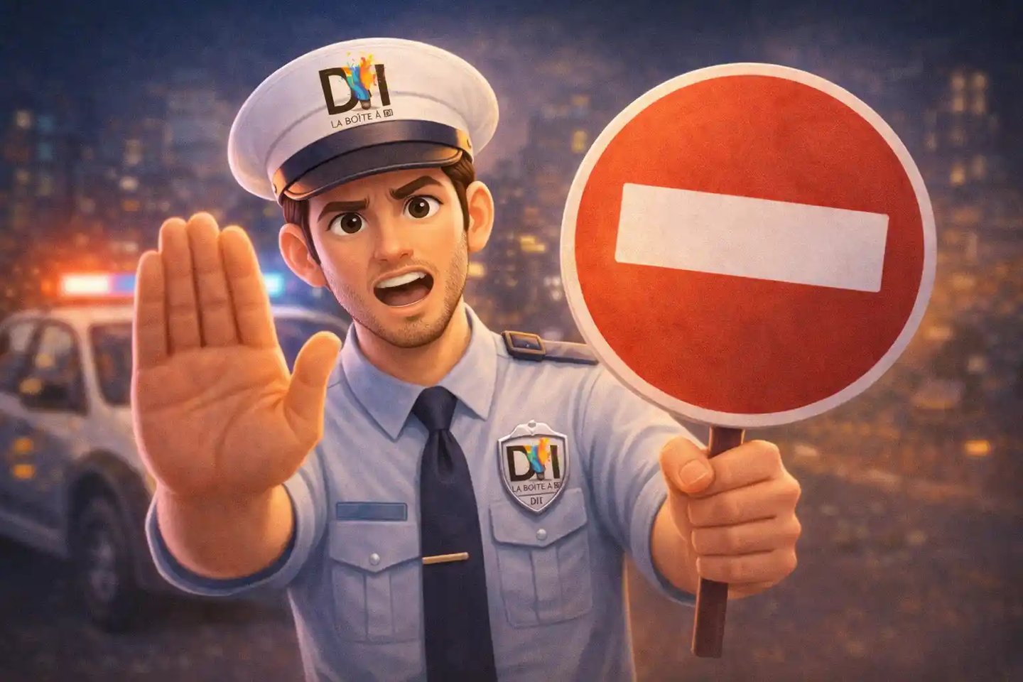 Offre de reconversion numérique après 40 ans non adaptée, Dam signalant un sens interdit avec le logo La Boîte à DI.