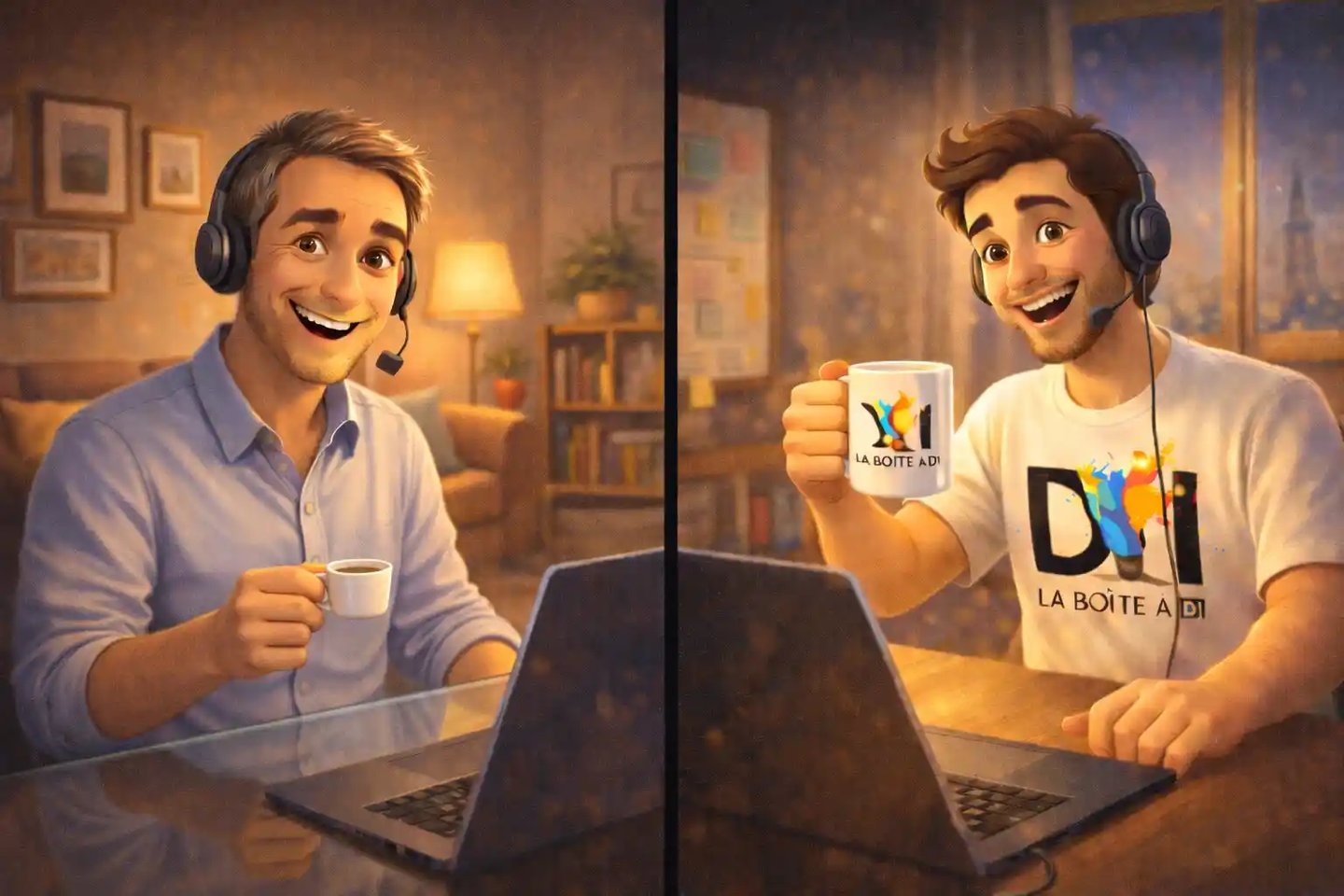 Visioconférence d'accompagnement en projet numérique après 40 ans, Dam échange à distance avec un adulte accompagné.