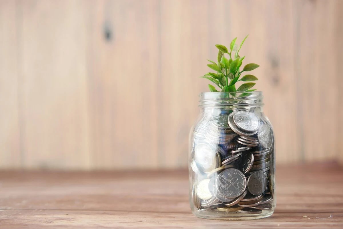 Small green plant growing out of a glass jar filled with silver coins, symbolizing financial growth and savings.
