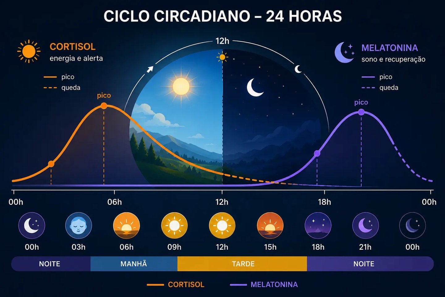 Graph of the 24-hour circadian rhythm showing cortisol and melatonin hormone levels for sleep health.
