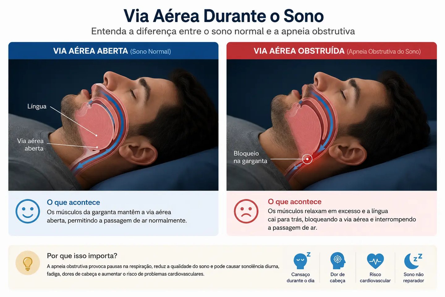Anatomical comparison showing a normal open airway versus an obstructed airway during obstructive sleep apnea.