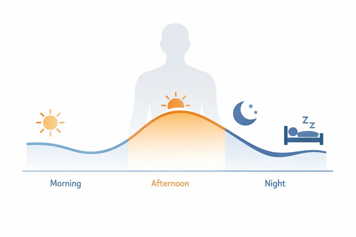 Infographic showing a human circadian rhythm cycle from morning to night with energy levels peaking in the afternoon.
