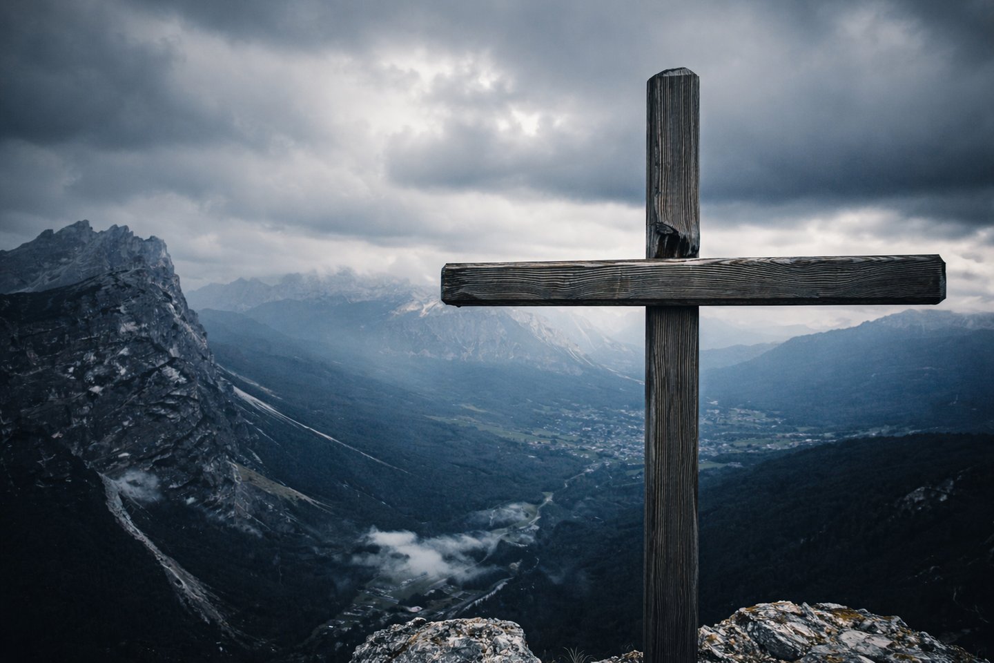 Wooden cross overlooking a mountain landscape under a cloudy sky