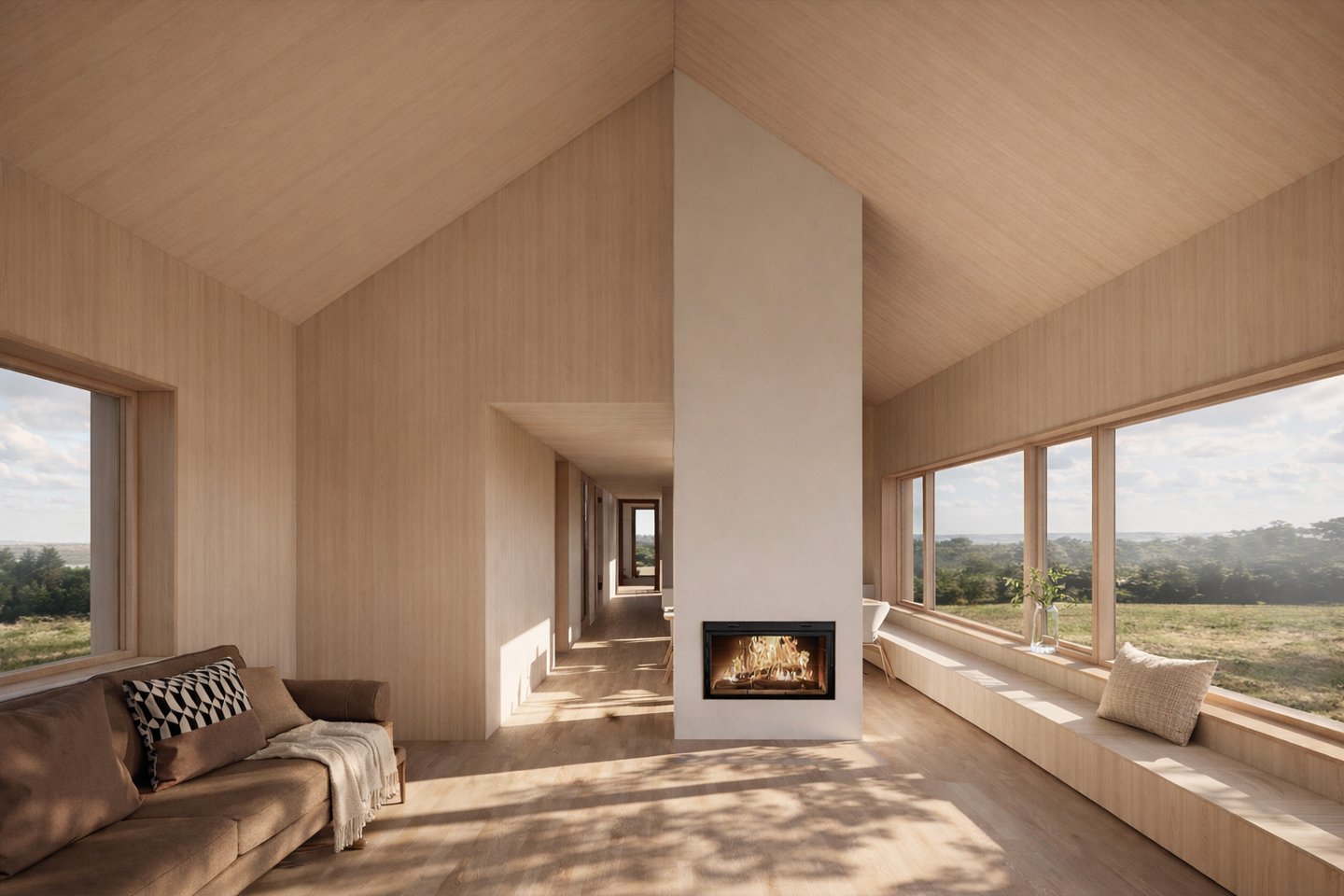 Lys stue i tre med store vinduer og peis, designet av Trearkitekter.