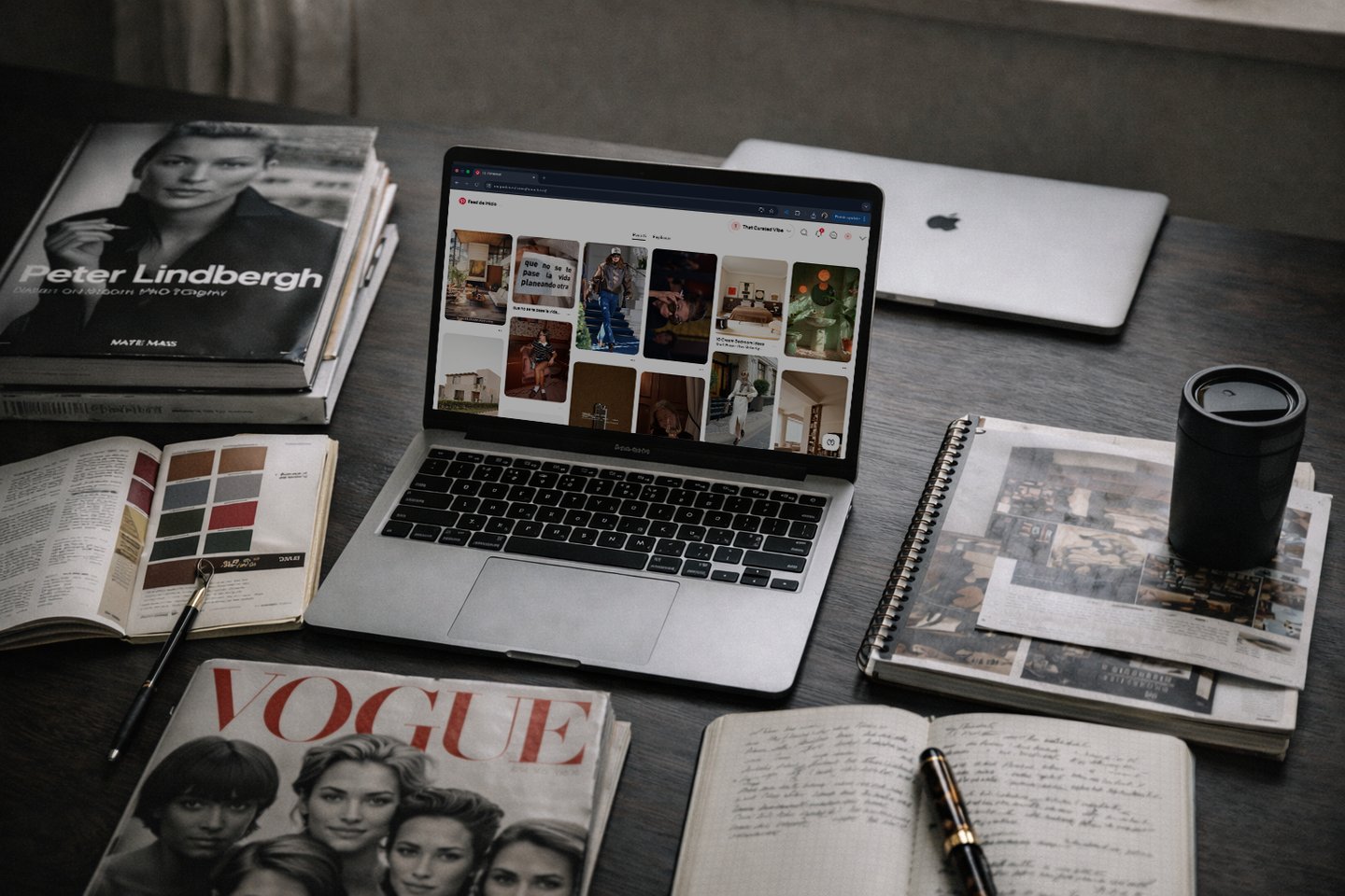 Editorial workspace for That Curated Vibe blog featuring fashion inspiration magazines, design notes