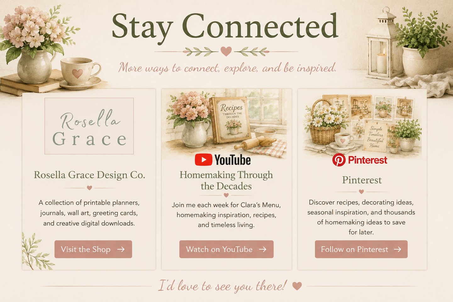 Vintage style banner for Rosella Grace Design Co. featuring links to shop, YouTube, and Pinterest.