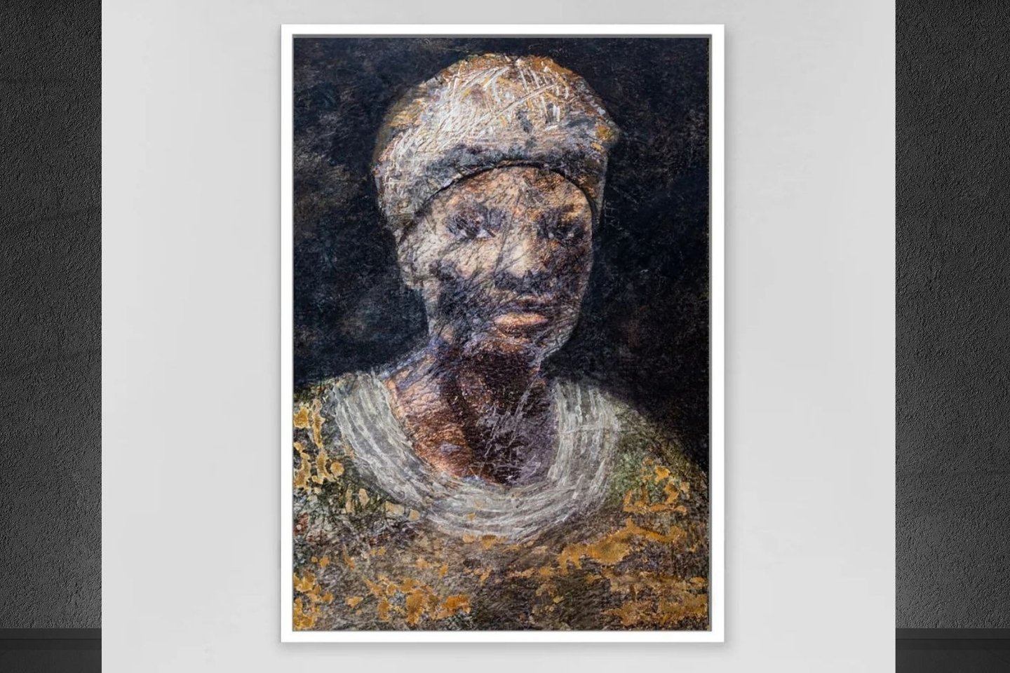 African Portrait entitled Eliza, painted by Artist Martin Osner is seen on exhibition on a modern gallery wall