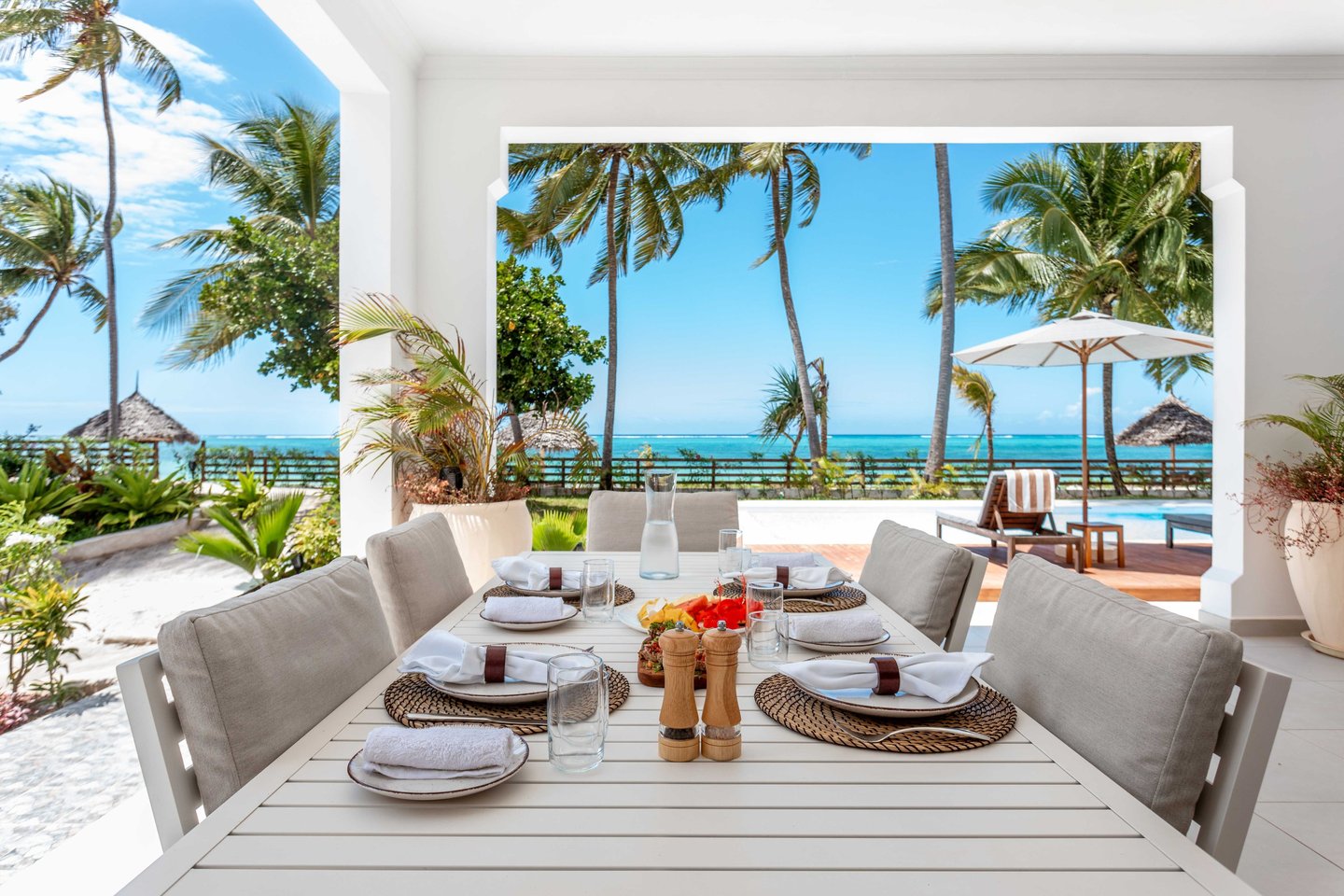 a table setting for eight at Villa Serene Zanzibar 