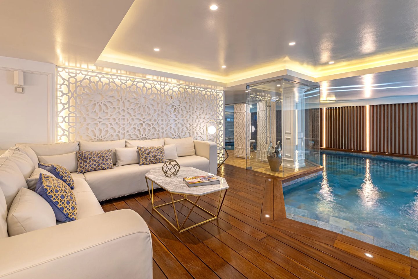 Indoor heated pool in 10 bedroom beachfront villa Marbella near Puerto Banus