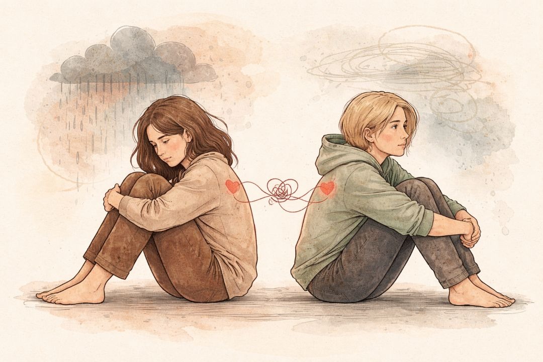 Illustration of two women back to back visualizing anxious and avoidant attachment in a relationship