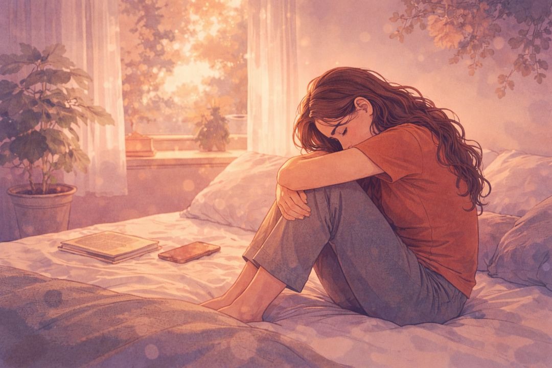 An illustration of a young woman sitting on her bed, hugging her knees in a sunlit room.