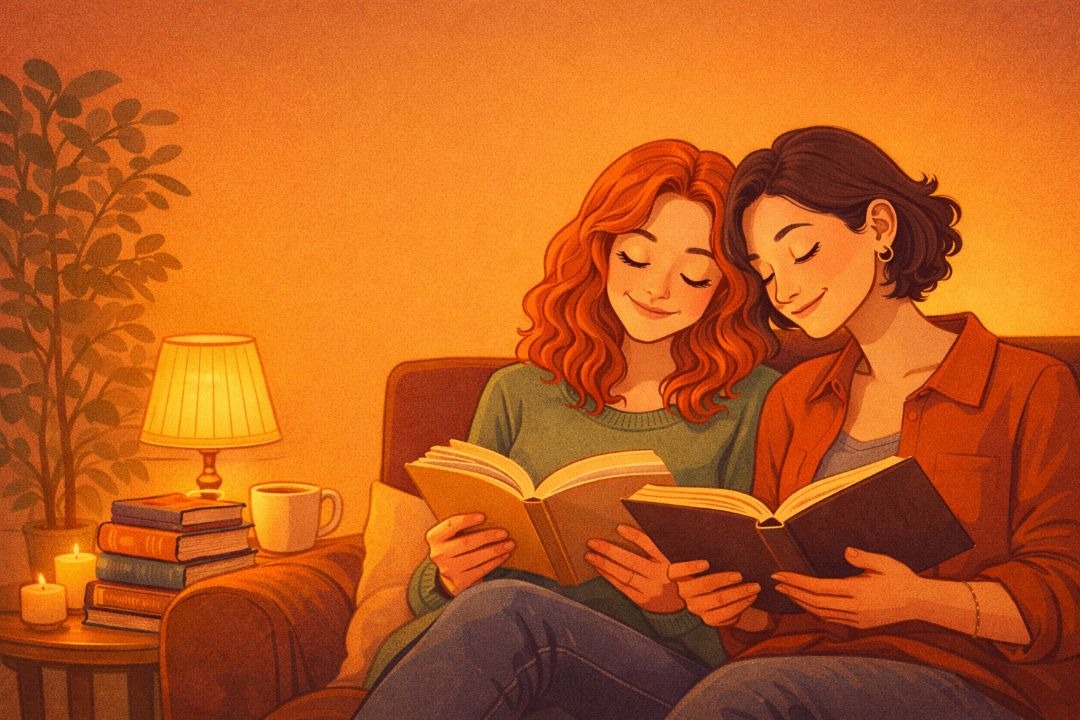 Cozy cartoon illustration of two women reading together on a couch under warm lamplight.