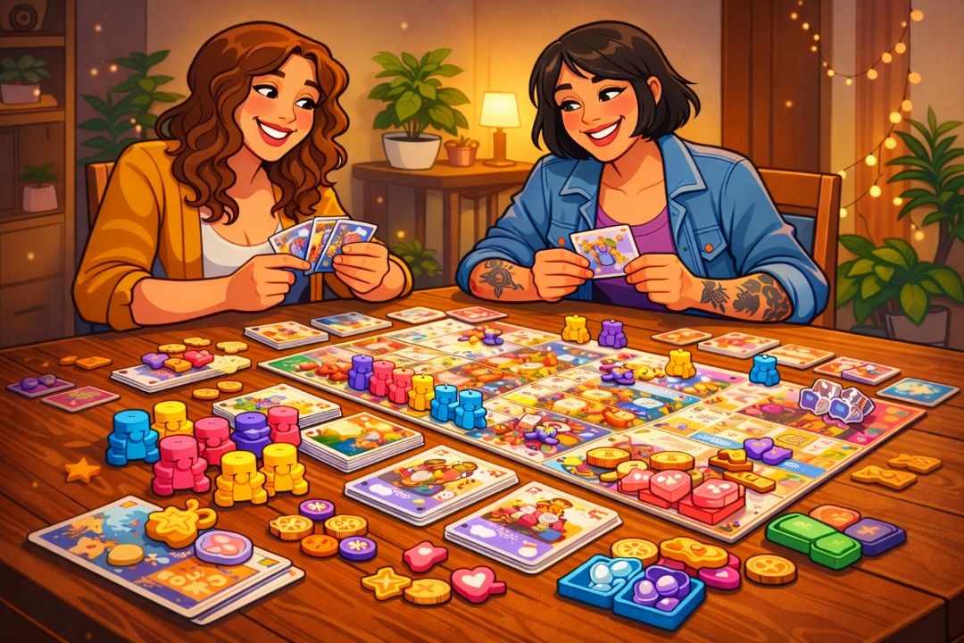 A lesbian couple playing board games together.