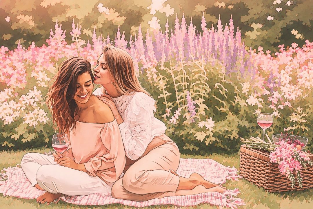 Two women enjoying a romantic garden picnic with wine amidst blooming pink flowers in a soft painting style.