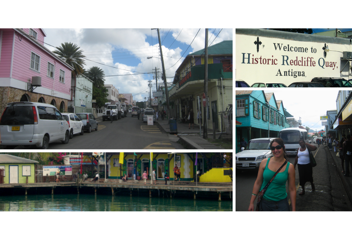 autora explorando o centro histórico de St. John’s em Antígua