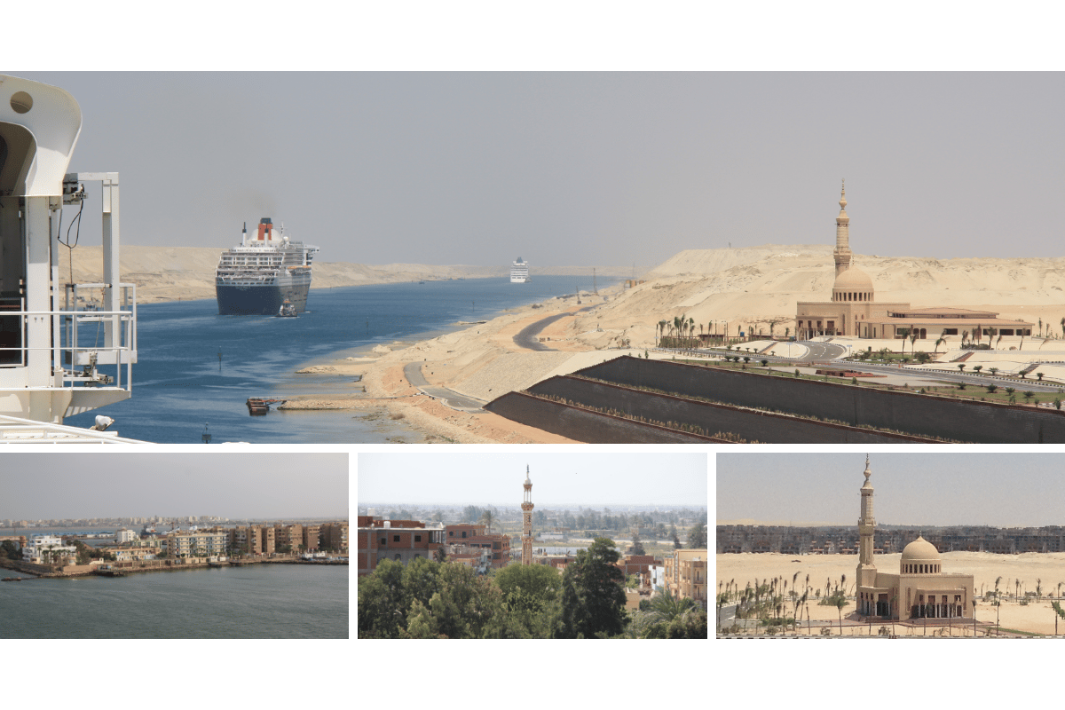 Vista de navio de cruzeiro cruzando a paisagem com mesquita no Canal de Suez