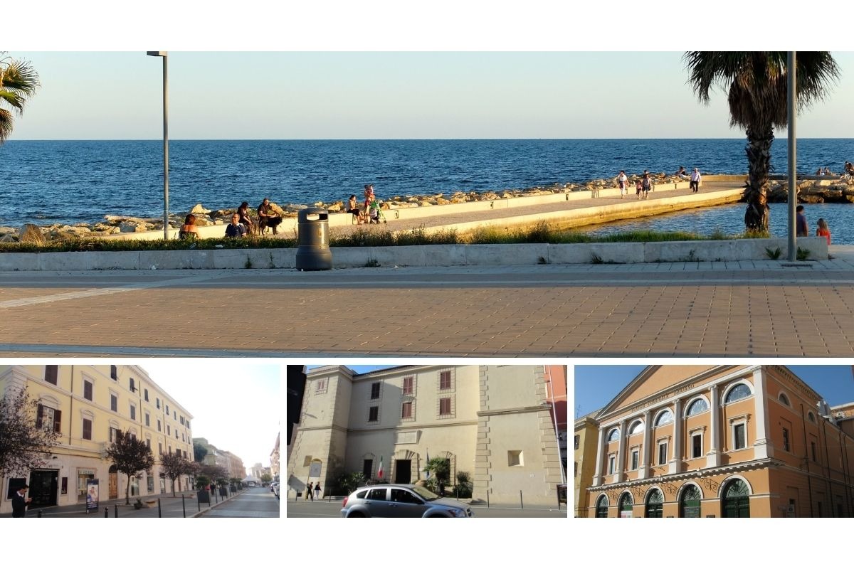 Paisagem do centro histórico de Civitavecchia com o mar, ruas e edifícios antigos