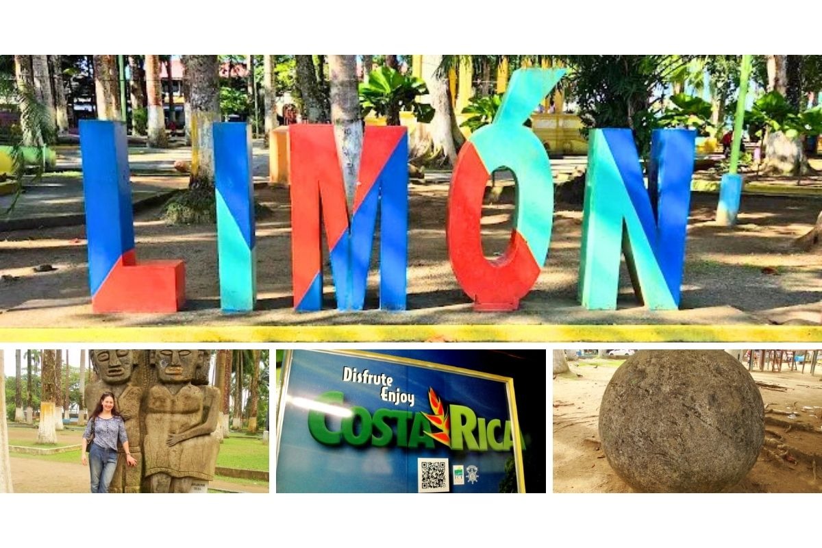 Autora explorando a praça histórica no centro de Limón, Costa Rica, com estátuas e áreas verdes