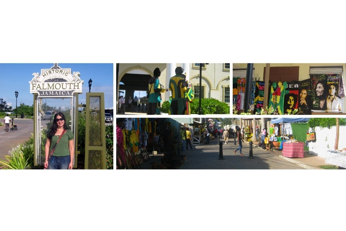 Autora caminhando pelas ruas coloniais de Falmouth, Jamaica, durante escala de cruzeiro