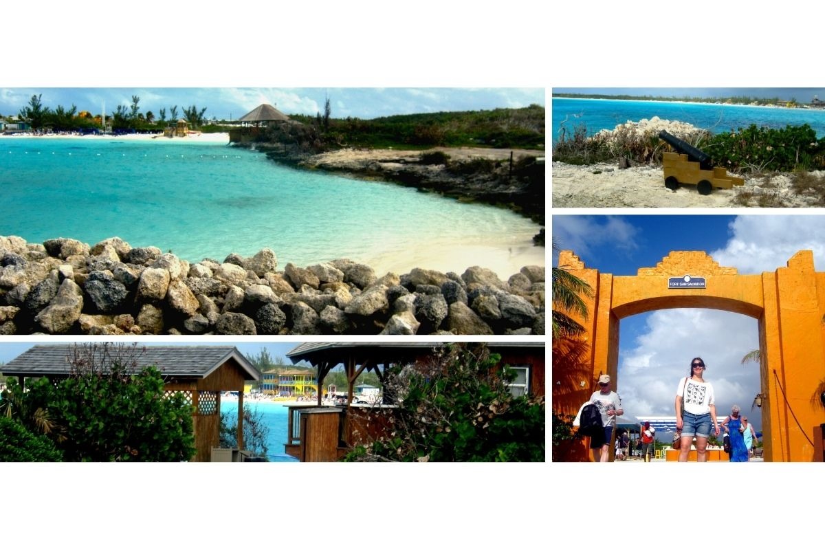 Chegada em Half Moon Cay com tenders, El Salvador, canhão e mar azul.