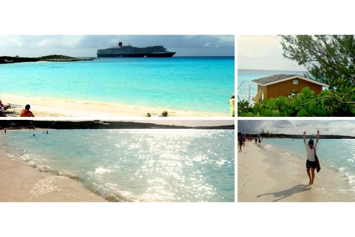 Autora explorando as praias de Half Moon Cay com cabanas de luxo e o navio ao fundo